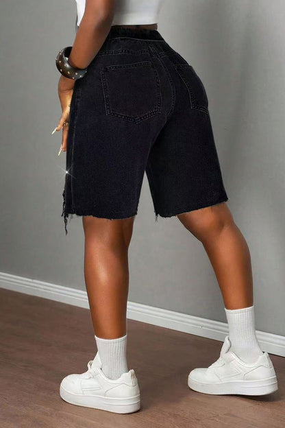 Rhinestone Distressed Denim Bermuda Shorts Lavish Daily
