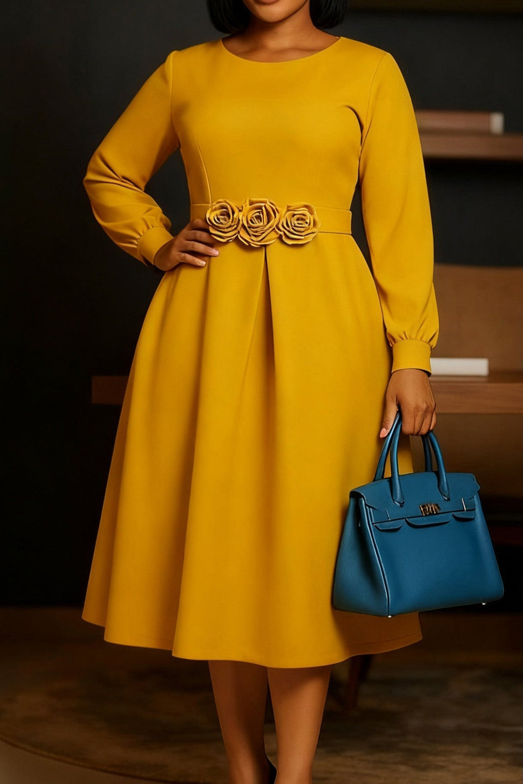 3D Floral Long Sleeve Dress-Elegant Style Lavish Daily