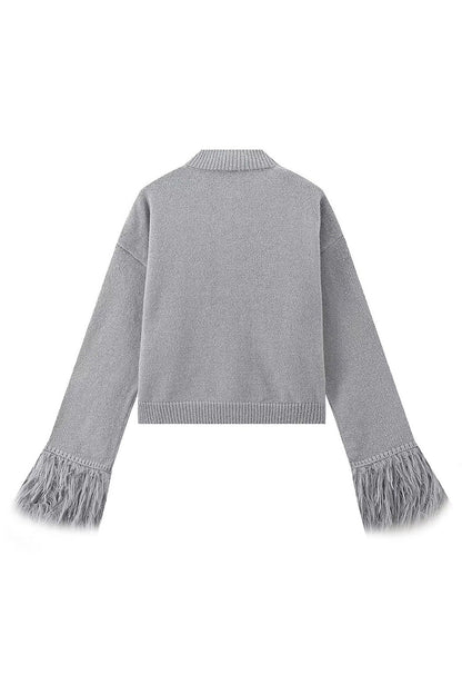 Faux Feather Cuff Button-Up Knit Cardigan Lavish Daily