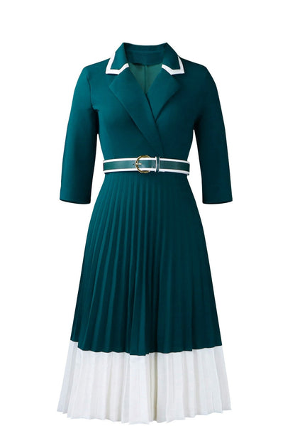 Elegant Lapel Belted Pleated Midi Dress Lavish Daily