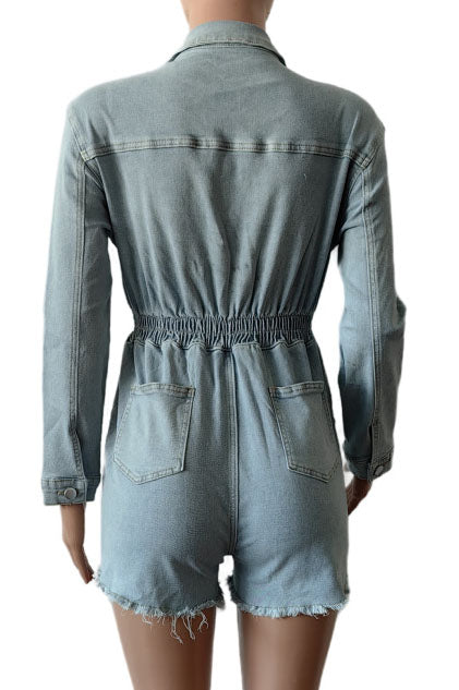 Long Sleeve Stretchy Washed Denim Romper Lavish Daily