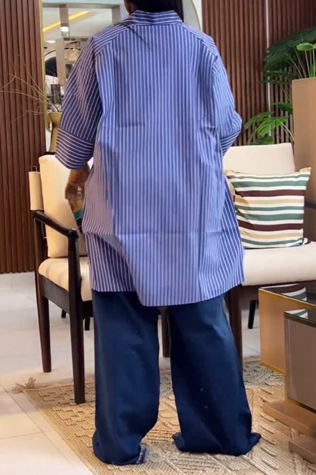 Blue Striped Loose Fit Long Sleeve Shirt Lavish Daily