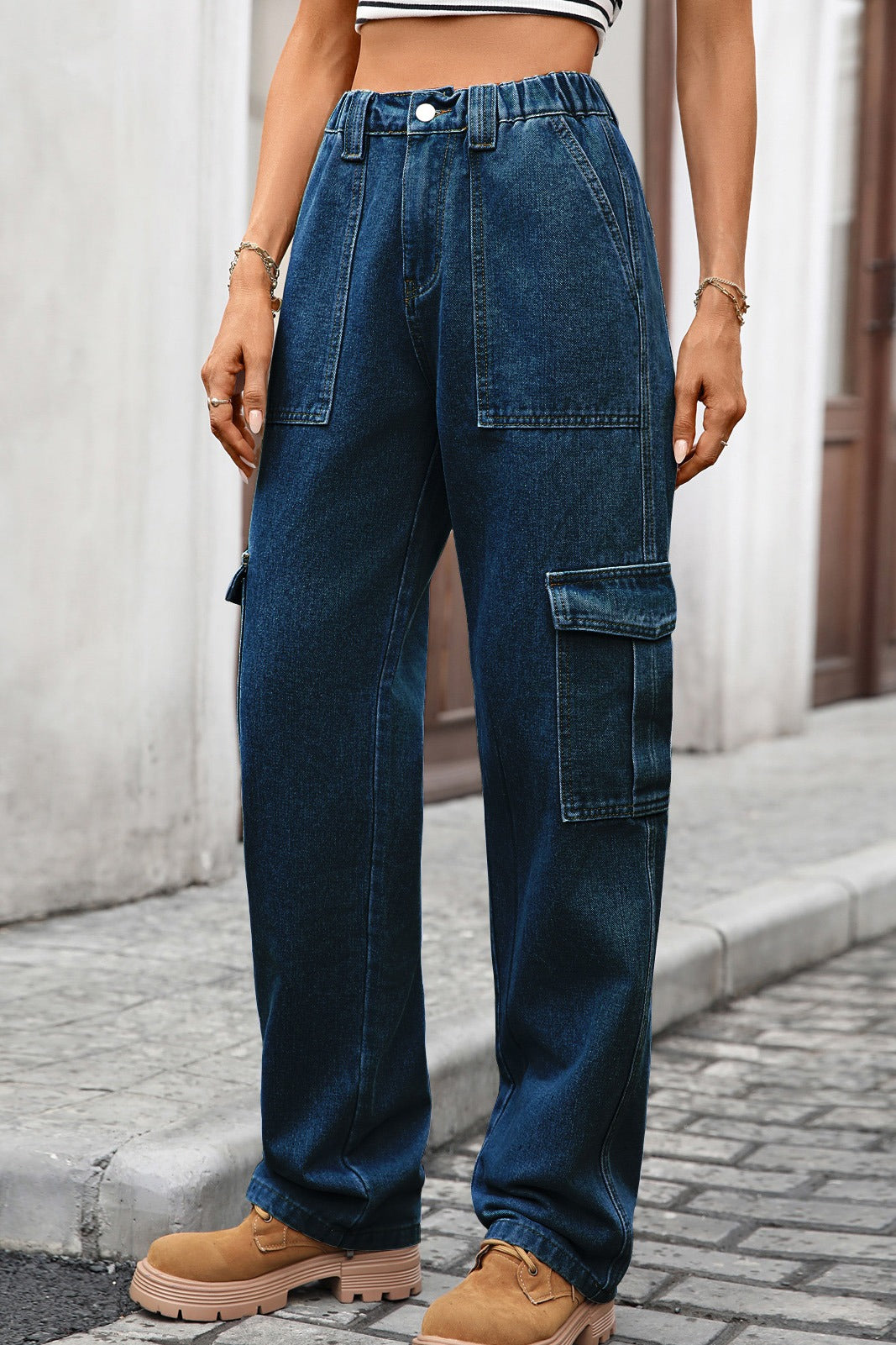 High Waist Elastic Baggy Cargo Jeans LavishDaily