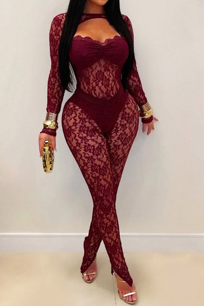 Sheer Lace Long-Sleeve Cutout Jumpsuit Lavish Daily