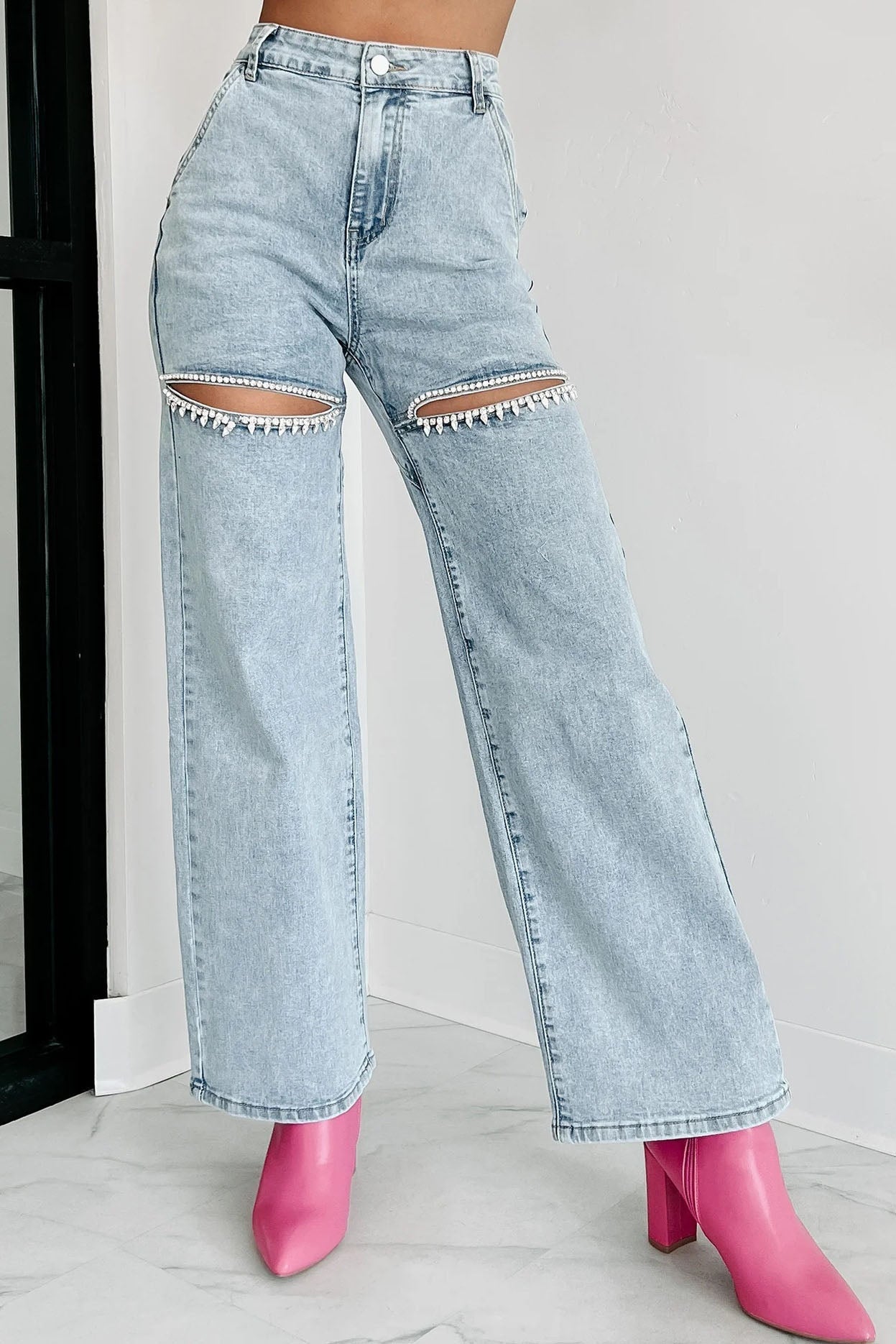 Mid Rise Crystal Slit Knee Jeans Lavish Daily