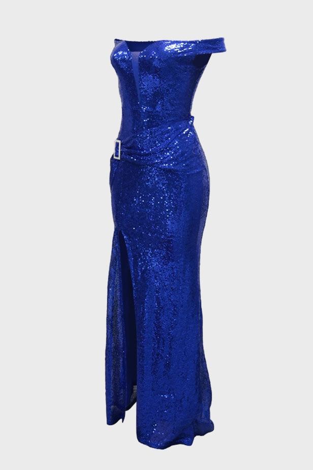 Off-the-Shoulder Sequins Prom Dress Long Slit Lavish Daily