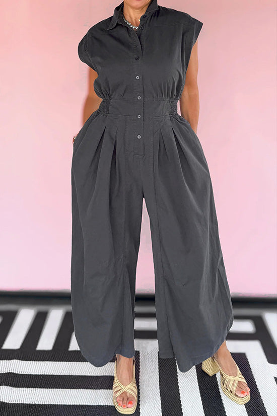 Lapel Sleeveless Buttoned Cargo Jumpsuit Lavish Daily