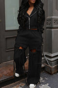 Hooded Zip-Up Sweatshirt & Distressed Wide-Leg Pants Set Lavish Daily
