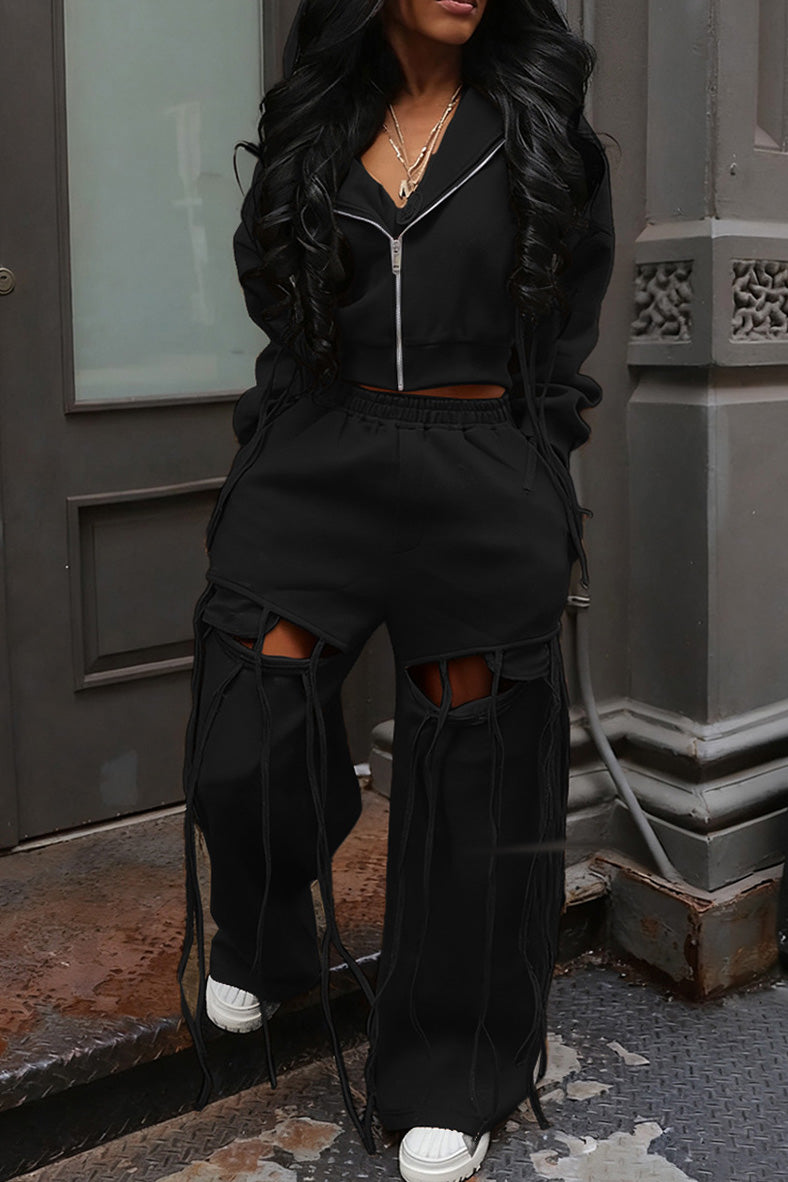 Hooded Zip-Up Sweatshirt & Distressed Wide-Leg Pants Set Lavish Daily