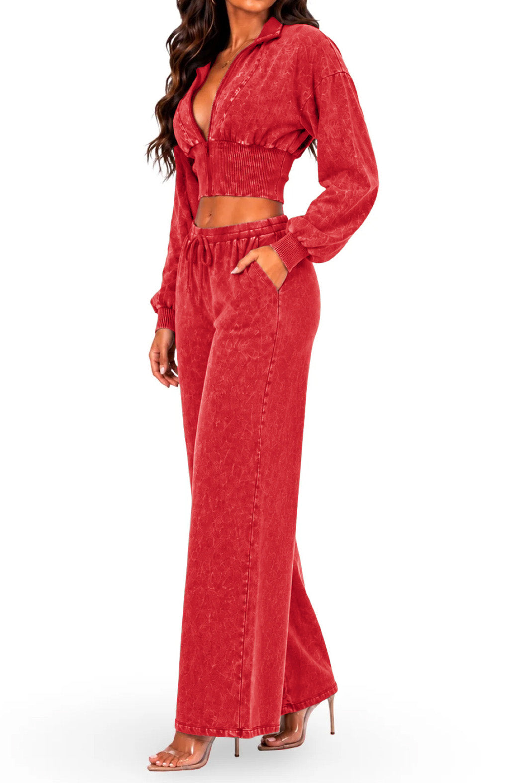 Washed Cropped Zip Jacket Wide Leg Pants Set Lavish Daily