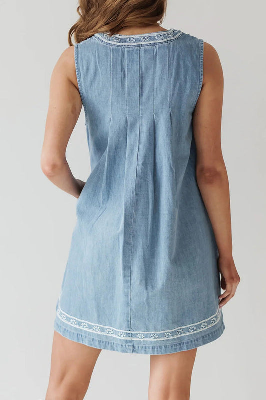 Embroidered Tie-Neck Denim Swing Dress Lavish Daily