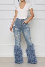 Feather Detail Ripped Denim Jeans Lavish Daily