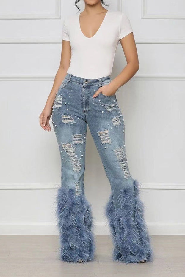 Feather Detail Ripped Denim Jeans Lavish Daily
