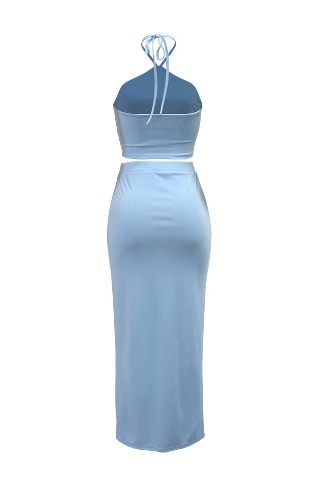 Solid Tie Sleeveless Top & Side Slit Ruffle Skirt Lavish Daily