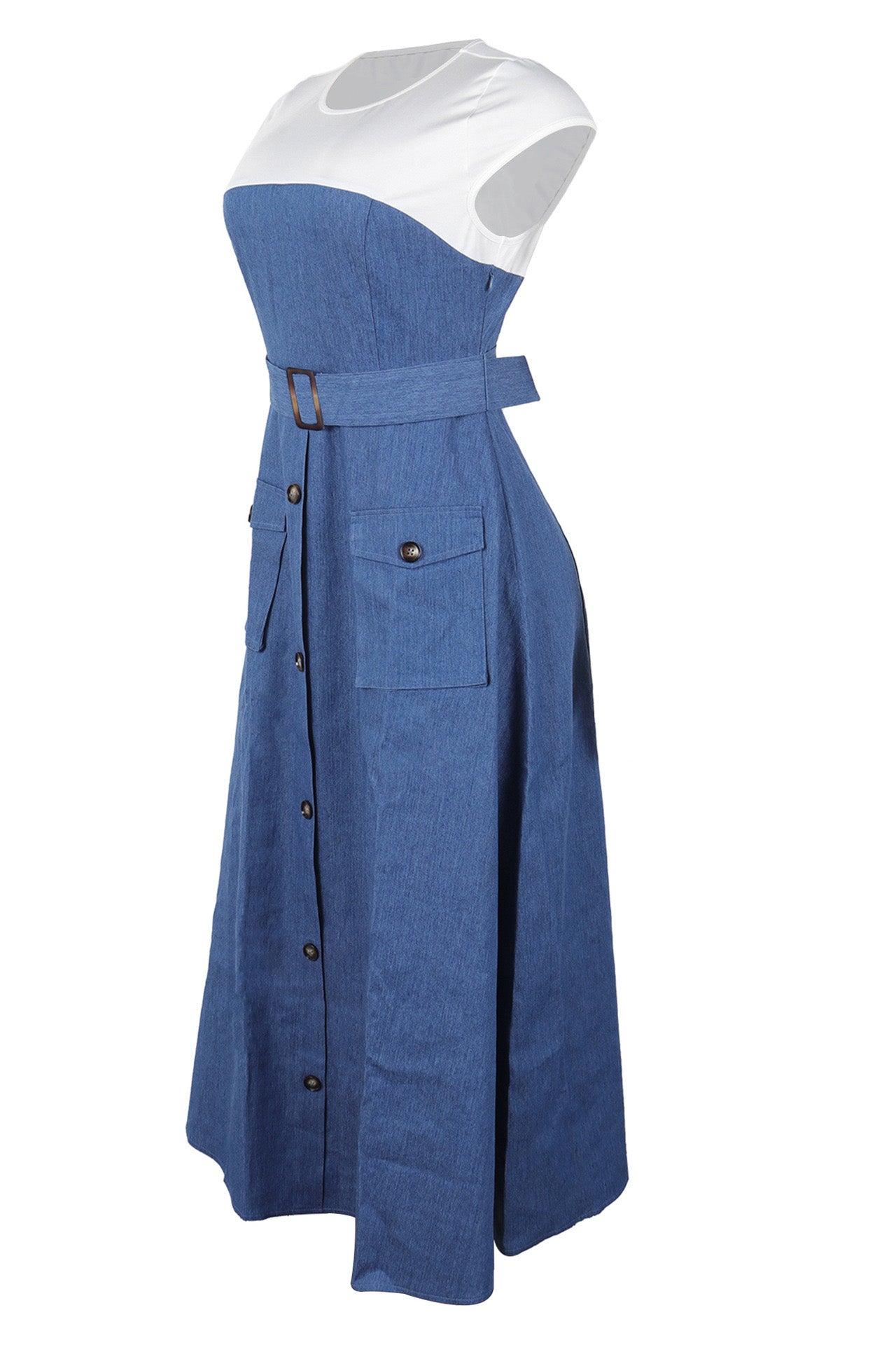 Elegant Denim Patchwork Pocket A-Line Dress Lavish Daily