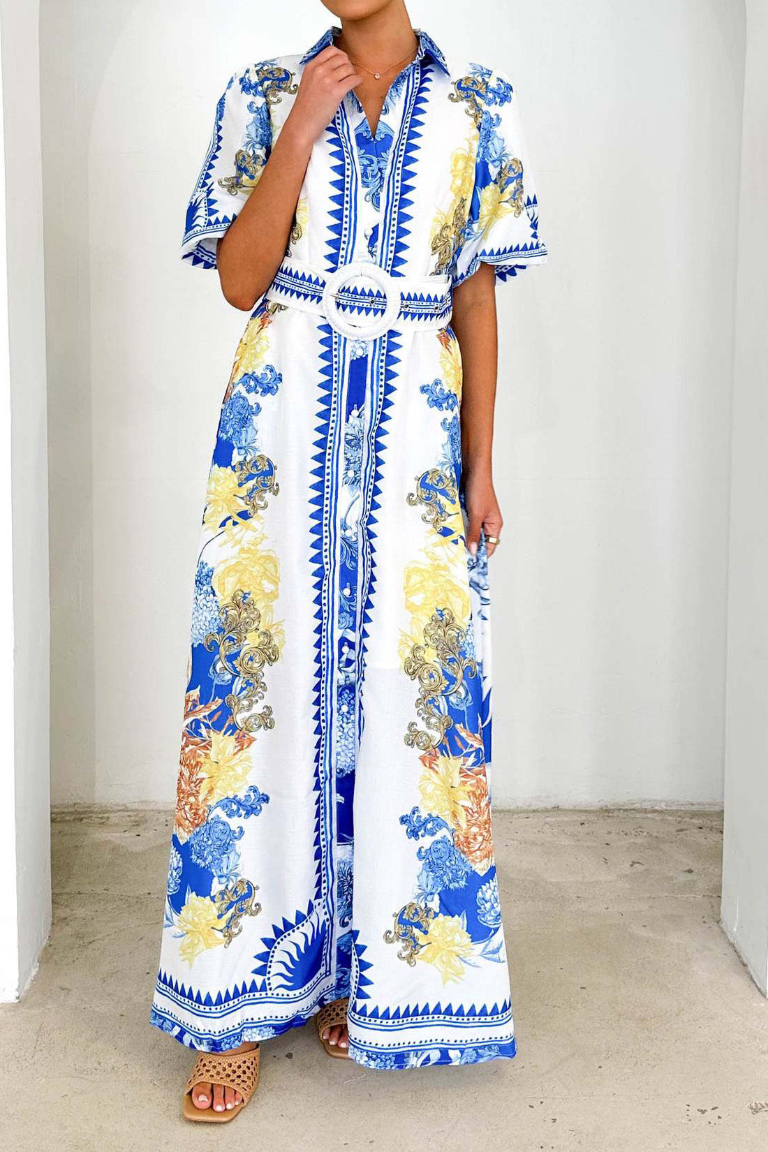 Printed Turn-Down Collar Maxi Dress Lavish Daily