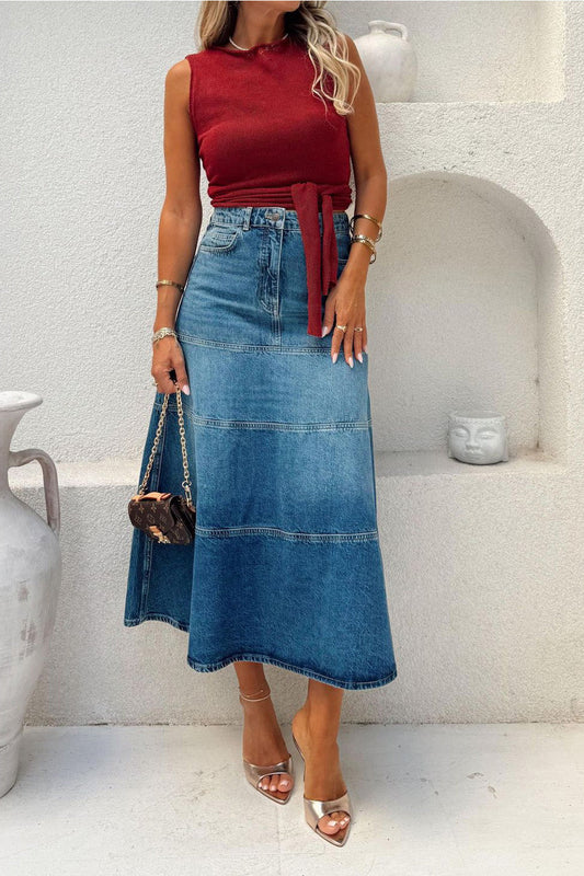 Tiered A-Line Denim Midi Skirt Lavish Daily