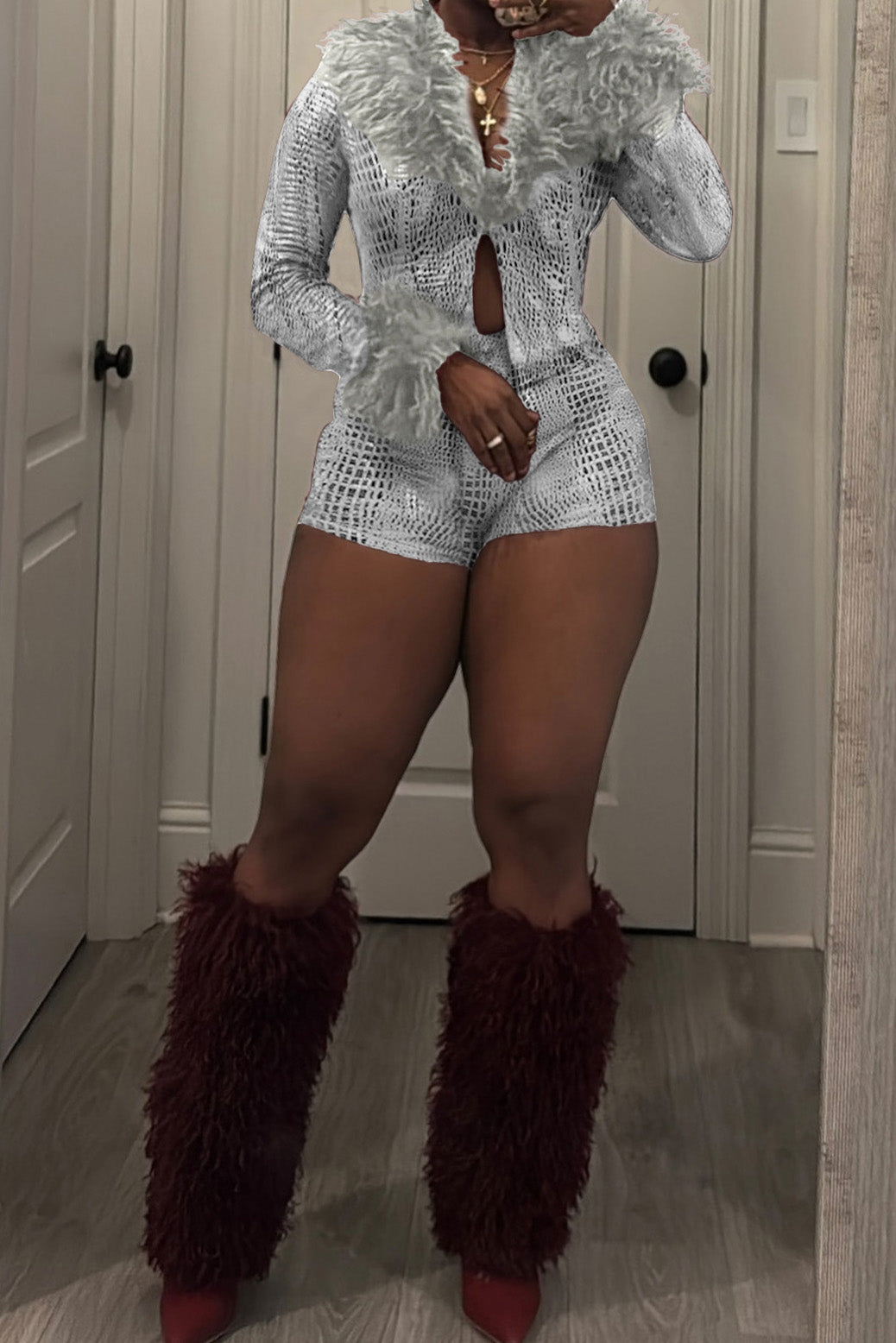 Fur Collar & Cuff Metallic Top and Shorts Set LavishDaily