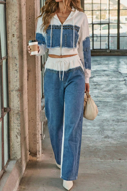 Studded Denim Patchwork Two Piece Set Lavish Daily