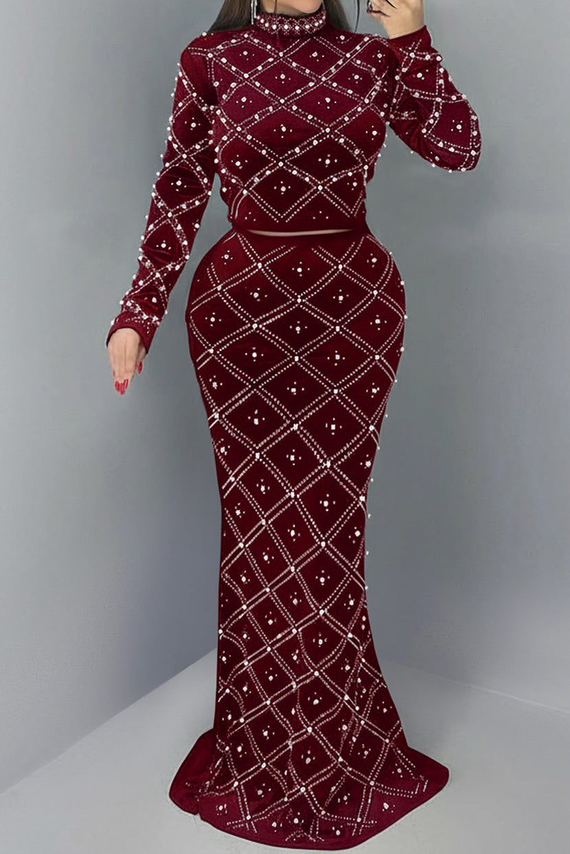 Elegant Pearl Beaded Rhinestone Evening Maxi Set Lavish Daily