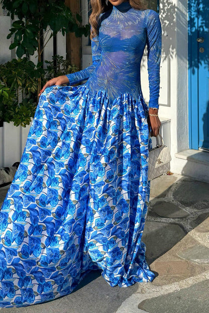 Mock Neck Mesh Floral Maxi Dress Lavish Daily