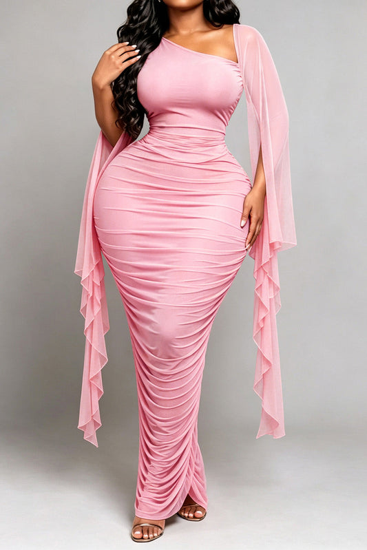 Ruched One-Shoulder Maxi Dress Lavish Daily