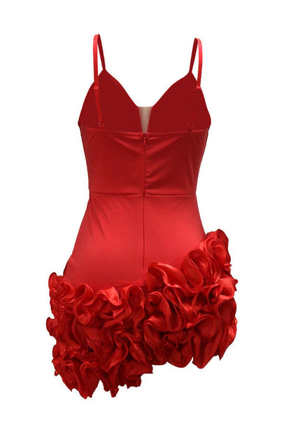 Plunging 3D Ruffle Asymmetrical Mini Dress Lavish Daily