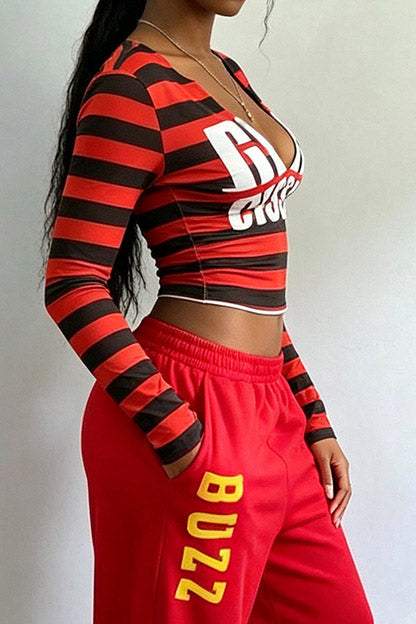 Striped Graphic V-Neck Long-Sleeve Crop Top Lavish Daily