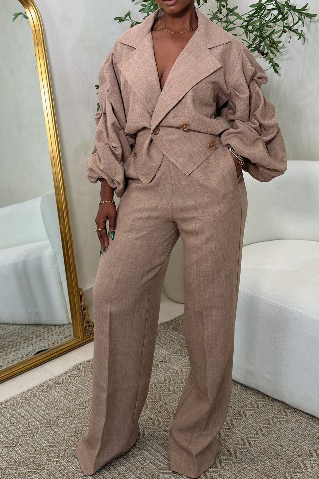 Casual Big Collar Ruched Sleeve Top & Pants Set Lavish Daily