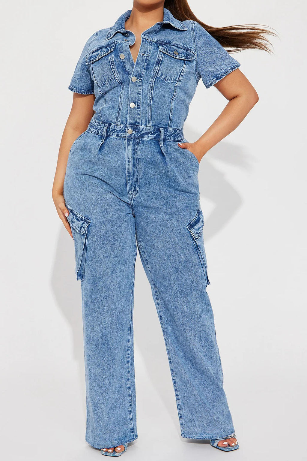 Blue Wash Short Sleeve Denim Jumpsuit Lavish Daily