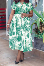 Printed Short-Sleeve Flowy Plus-Size Dress Lavish Daily