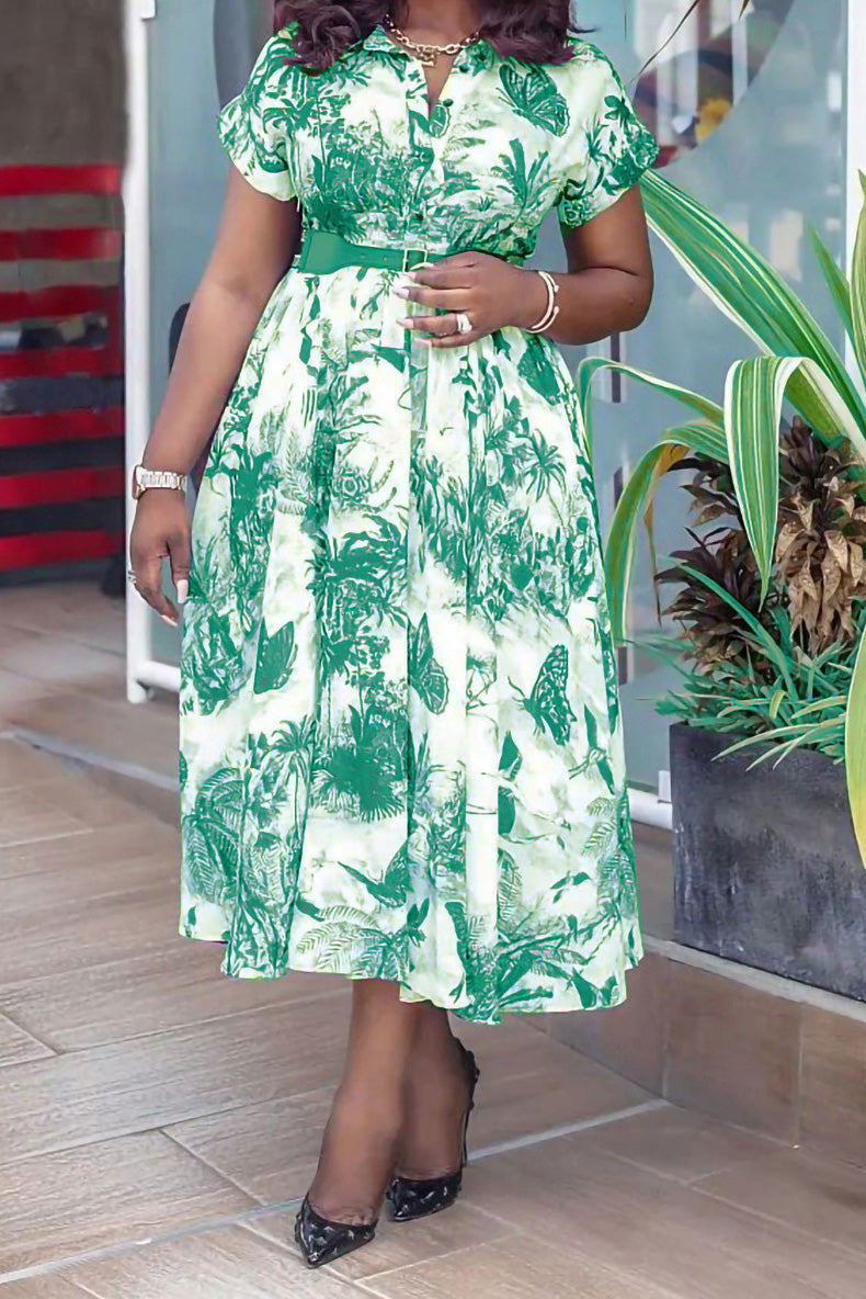 Printed Short-Sleeve Flowy Plus-Size Dress Lavish Daily