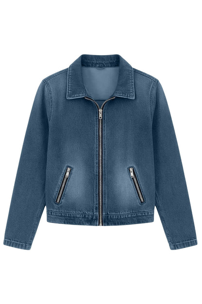 Washed Zip Front Denim Jacket Lavish Daily
