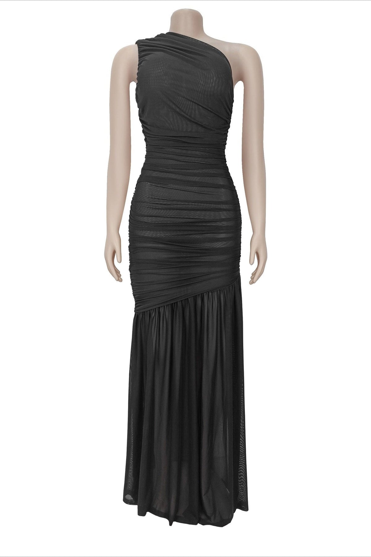One-Shoulder Ruched Mesh Maxi Dress Lavish Daily