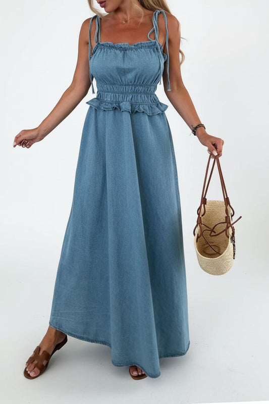 Tie-Strap Smocked Waist Denim Maxi Dress Lavish Daily