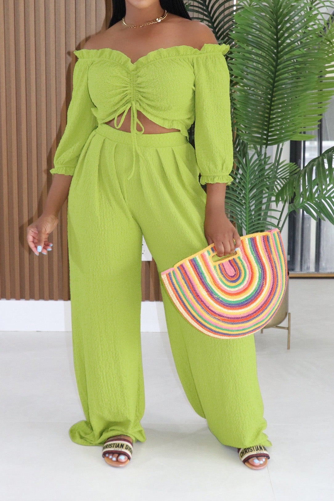 Textured Off-Shoulder Ruched Top & Wide Leg Pants Set Lavish Daily