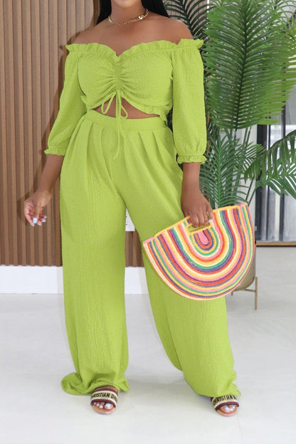 Textured Off-Shoulder Ruched Top & Wide Leg Pants Set Lavish Daily