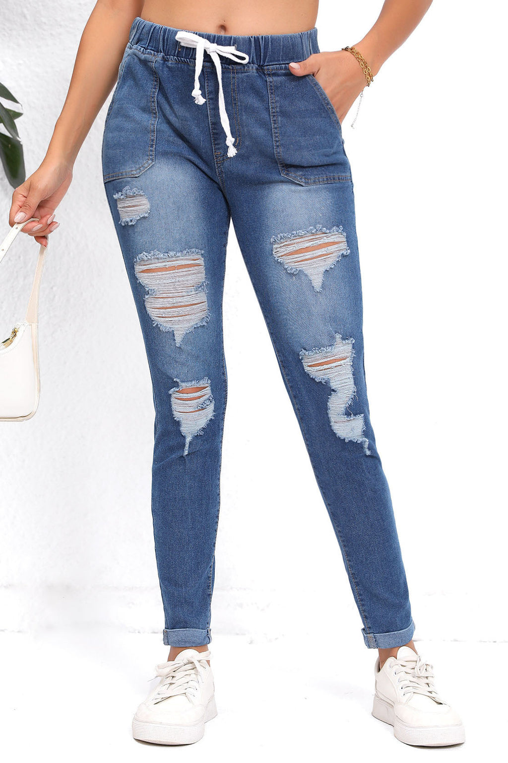 Drawstring Waist Ripped Roll Up Hem Skinny Jeans Lavish Daily