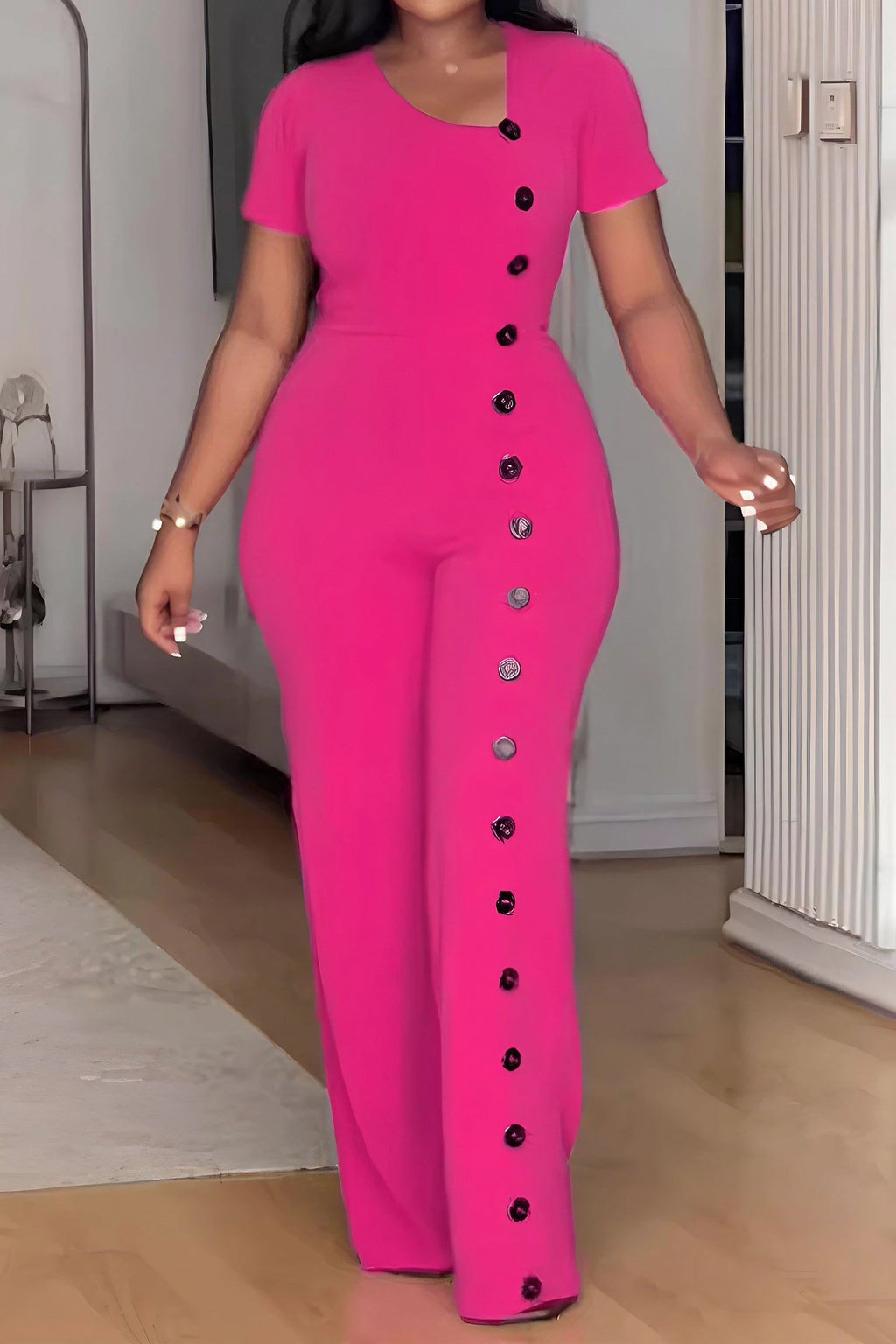 Slim Waist Button Wide Leg Jumpsuit Lavish Daily