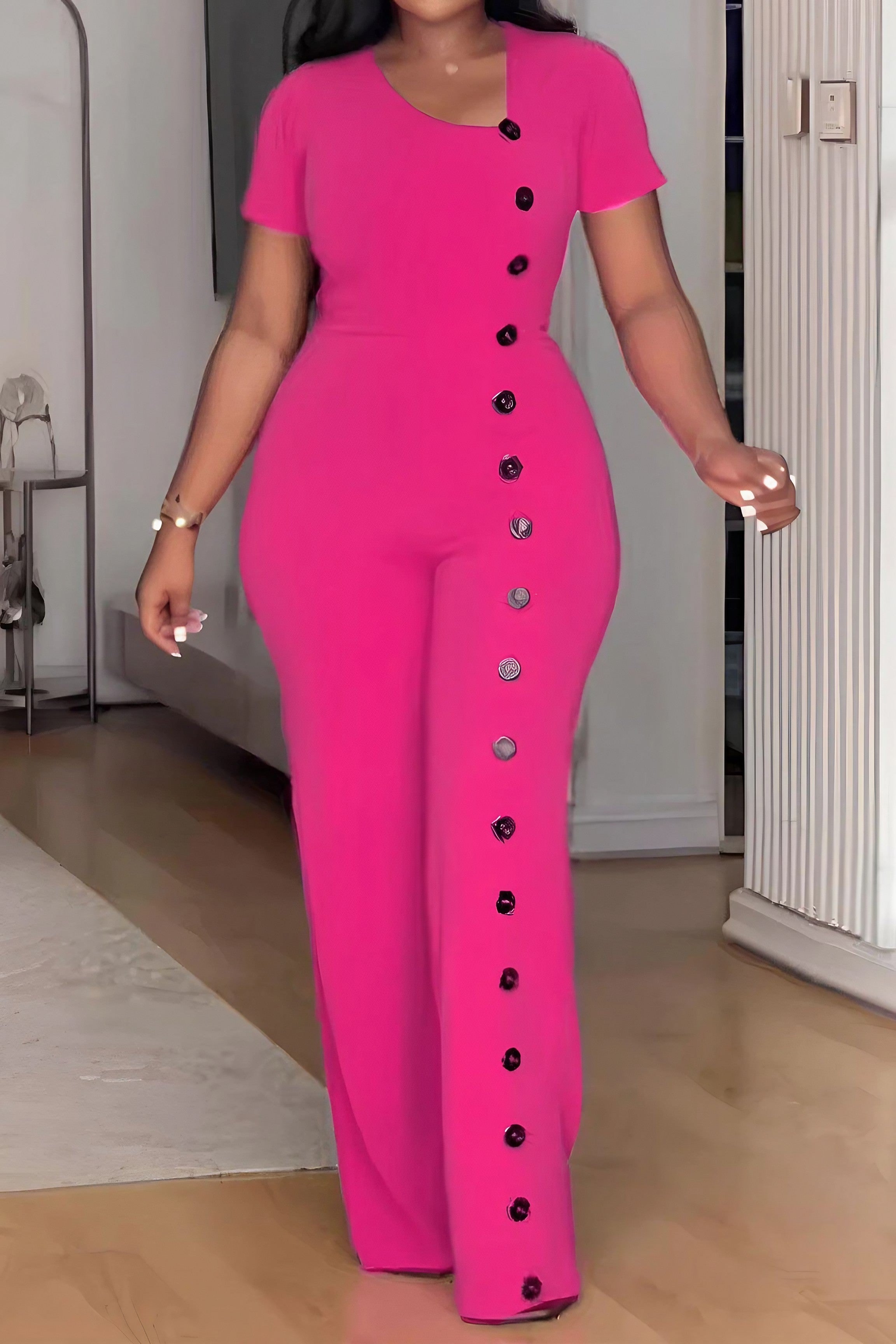 Slim Waist Button Wide Leg Jumpsuit Lavish Daily