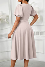 Puff Sleeve High Waist Solid Round Neck Dress Lavish Daily