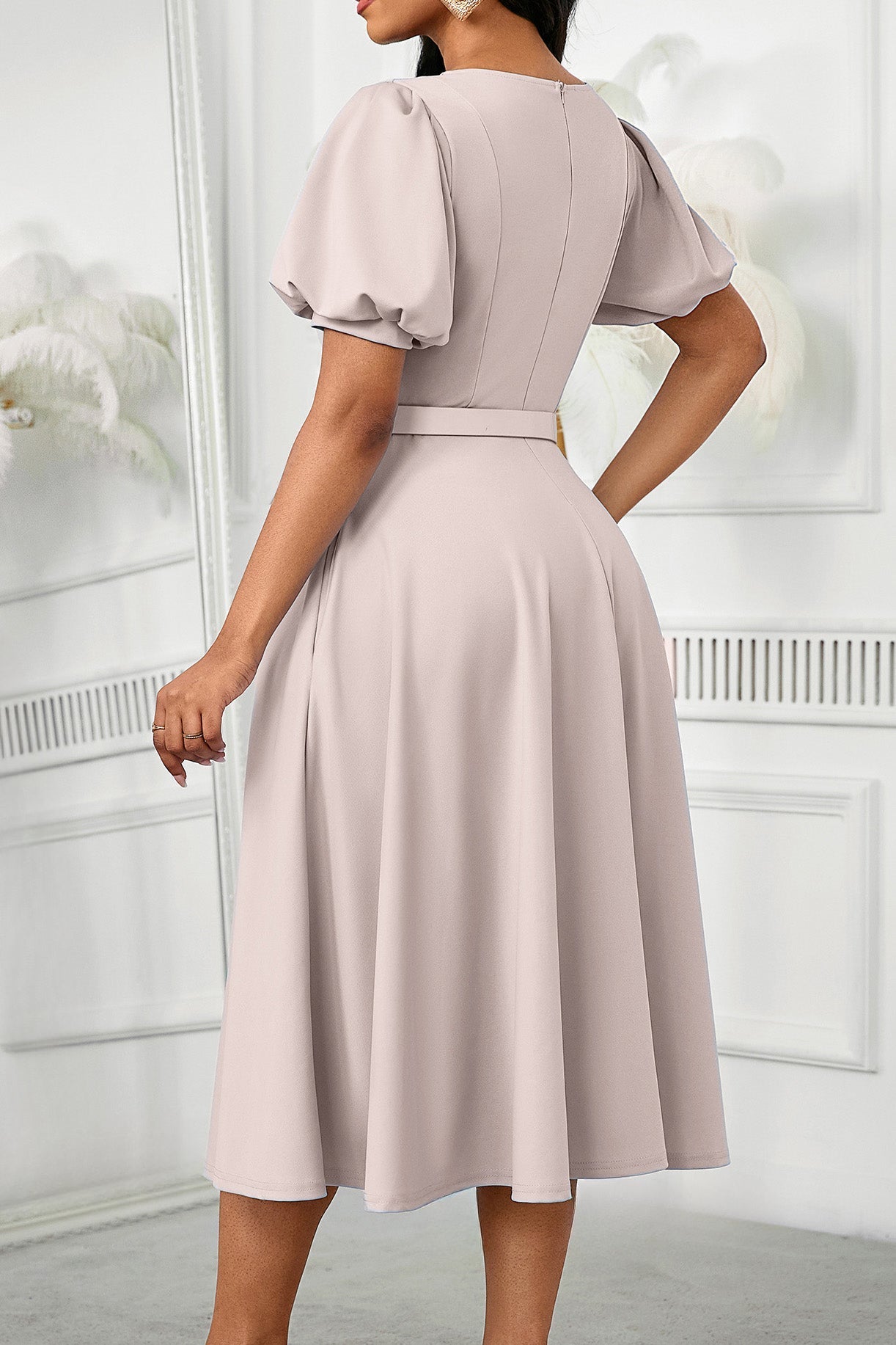 Puff Sleeve High Waist Solid Round Neck Dress Lavish Daily