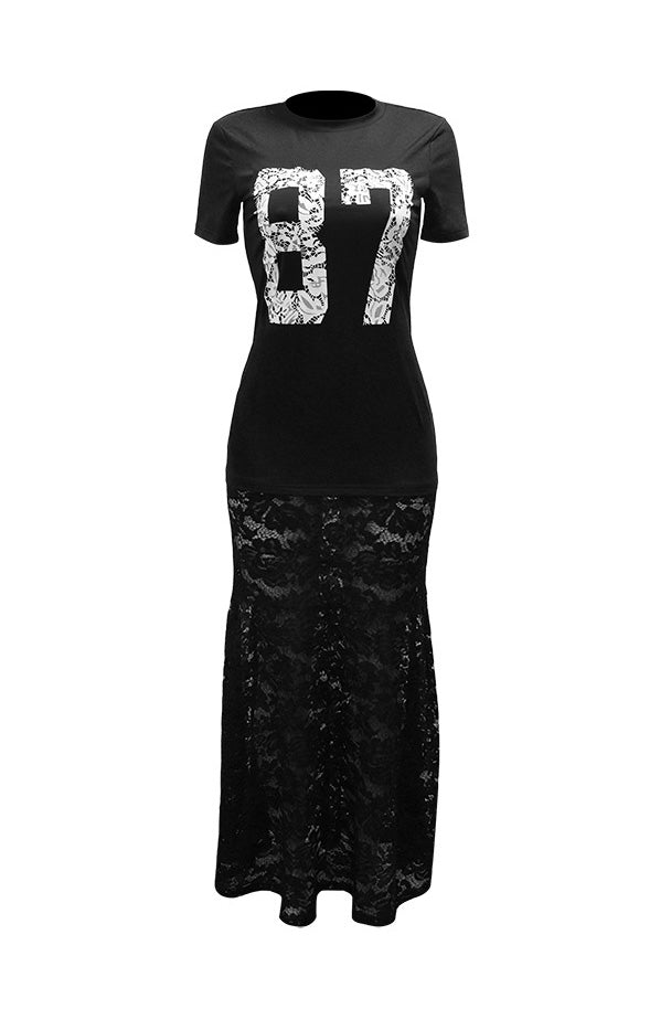 Round Neck Printed Lace Splice Maxi Dress Lavish Daily