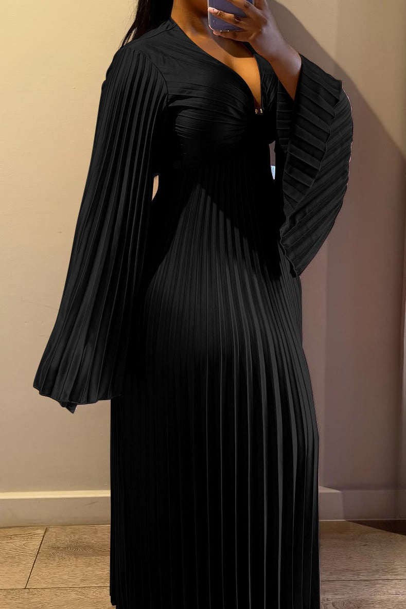 Plus Size V-Neck Pleated Flare Sleeve Maxi Dress Lavish Daily