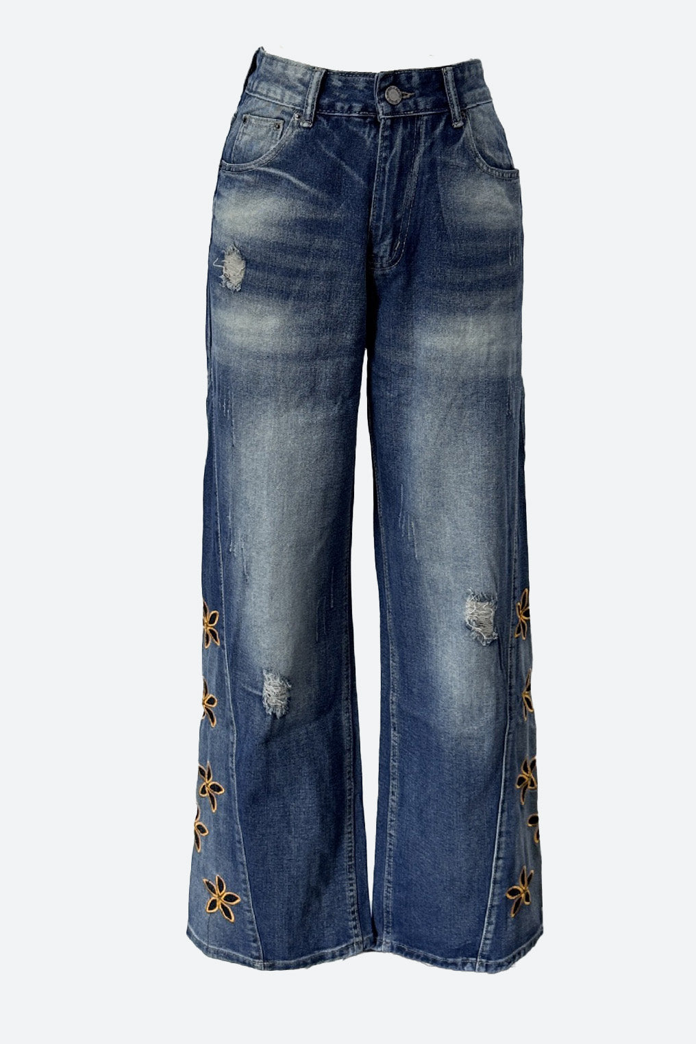 Wide Leg Floral Embroidered Denim Jeans Lavish Daily