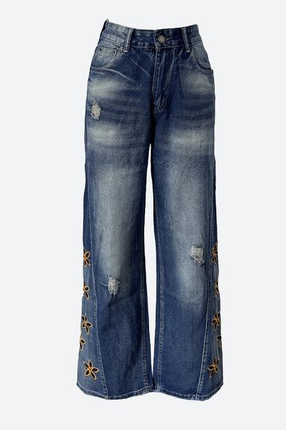 Wide Leg Floral Embroidered Denim Jeans Lavish Daily