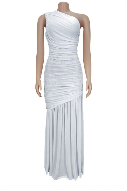 One-Shoulder Ruched Mesh Maxi Dress Lavish Daily