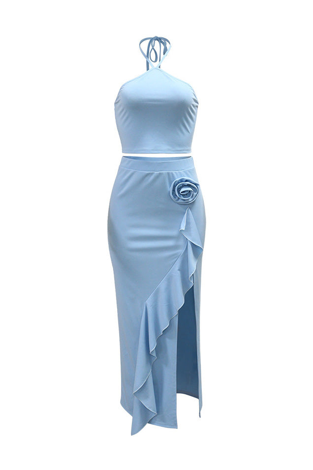 Solid Tie Sleeveless Top & Side Slit Ruffle Skirt Lavish Daily