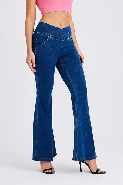Crossover Waist Stretch Flare Jeans LavishDaily