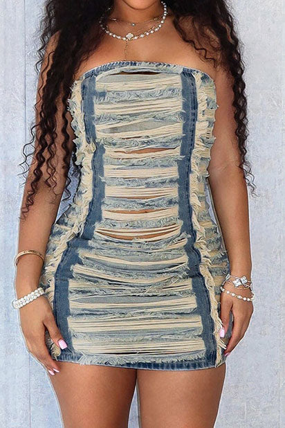 Cut Out Strapless Denim Dress Lavish Daily